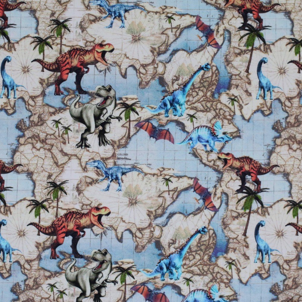 Bomuldjersey Digital Print - Verden Dino Lys