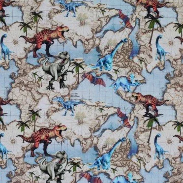 Jersey Di Cotone Stampa Digitale - Mondo Dino Chiaro - (Jersey Di Cotone Digitale Stampata)