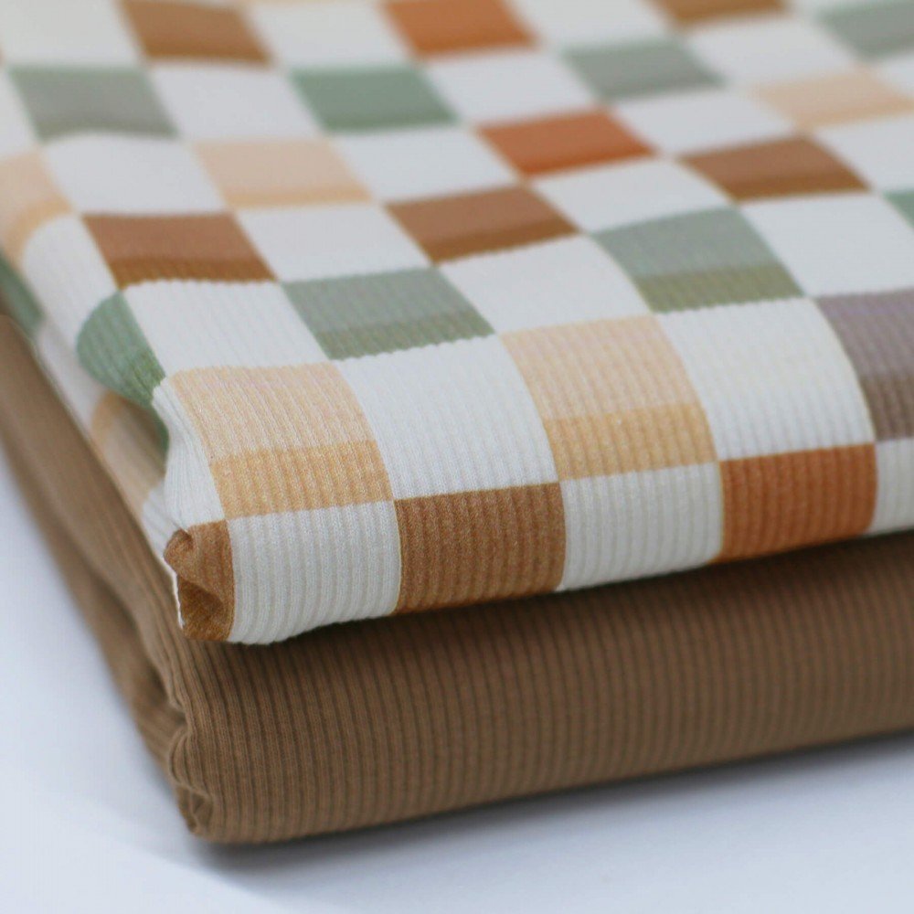 Rib Jersey Strikstof - Blokke 25mm Oliven Brun