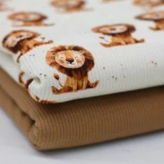 Tissu Maille Tricot Côtelé - Lions Beige Clair