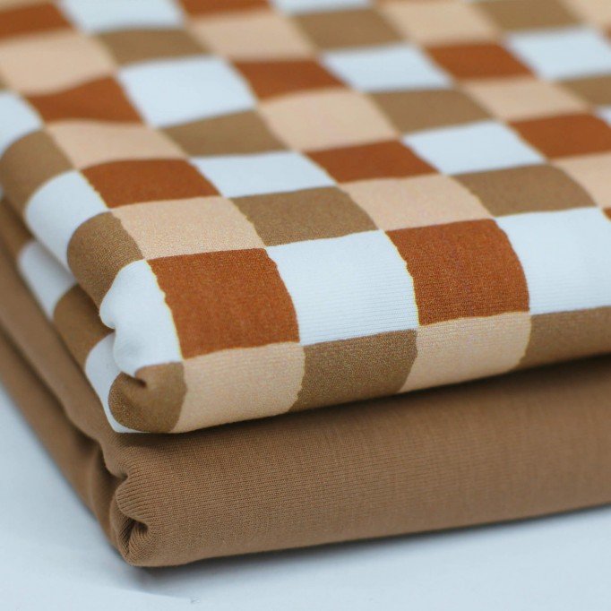 Jersey Katoen Digitale Print - Blokken 25mm Bruin Beige - (Jersey Katoen Digitale Print)
