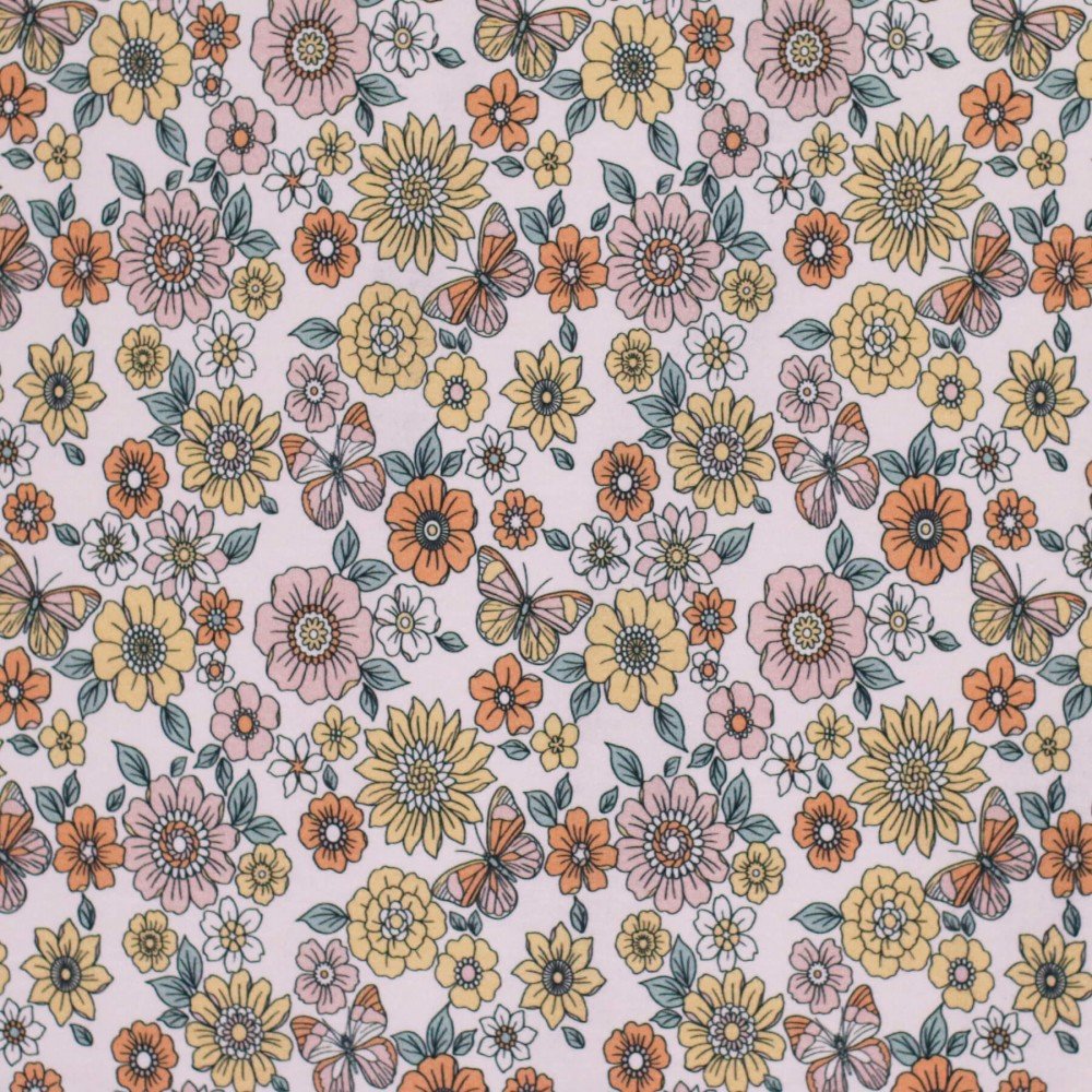 Bomuldjersey Digital Print - Pastel Sommerfugleblomst