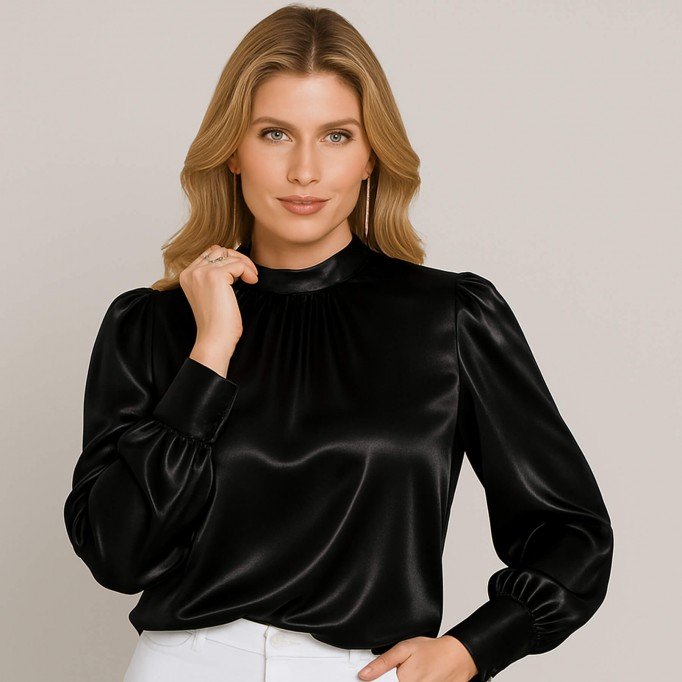 Stretch Satinstof Sort - (Fashion Stoffer)