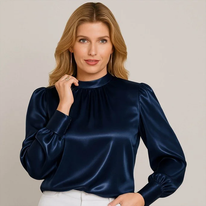 Stretch Satinstof Navy Blå - (Fashion Stoffer)