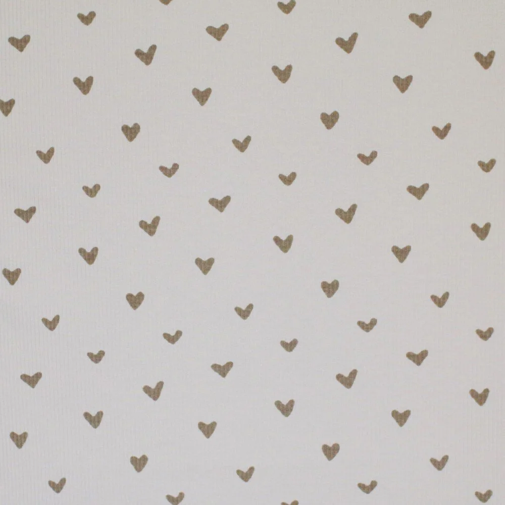 Rib Jersey Stof Bedrukt - Hartjes Licht Beige