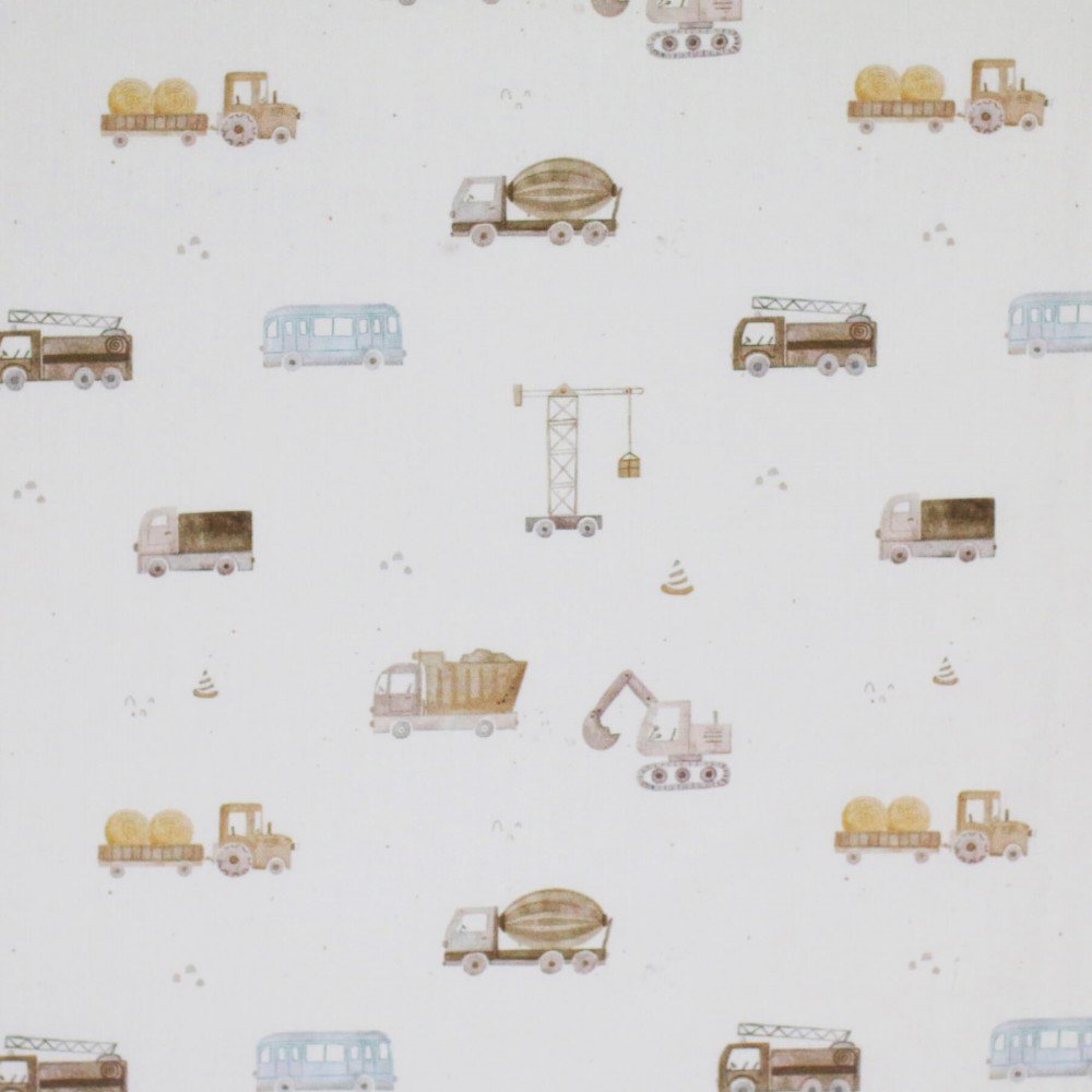 Cotton Poplin Digital Print - Construction Vehicles Beige Cotton Poplin Digital Print - Construction Vehicles Beige