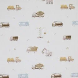 Baumwoll Popeline Digital - Baufahrzeuge Beige
