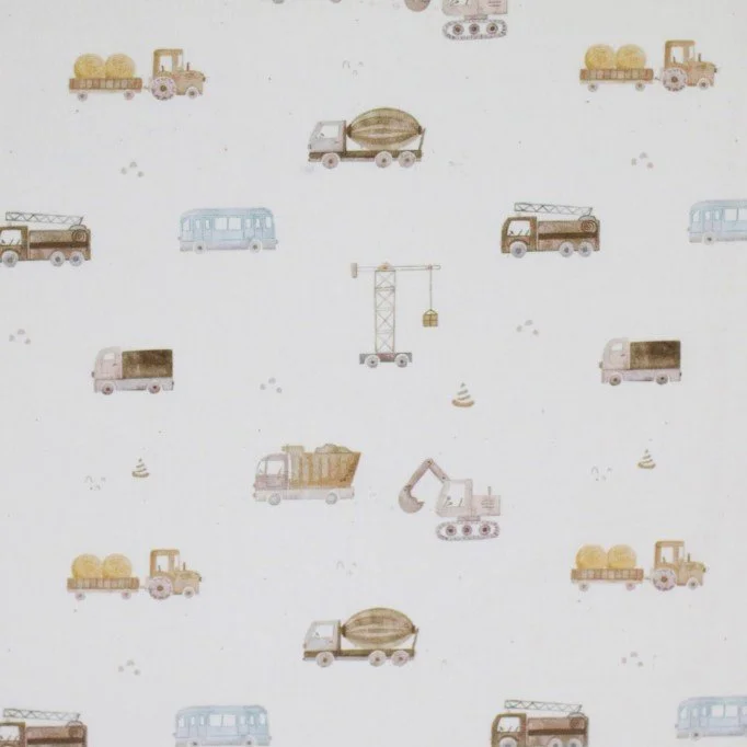 Poplin Katoen Digitale Print - Bouwvoertuigen Beige Poplin Katoen Digitale Print - Bouwvoertuigen Beige - (Katoenen Poplin Bedrukt )