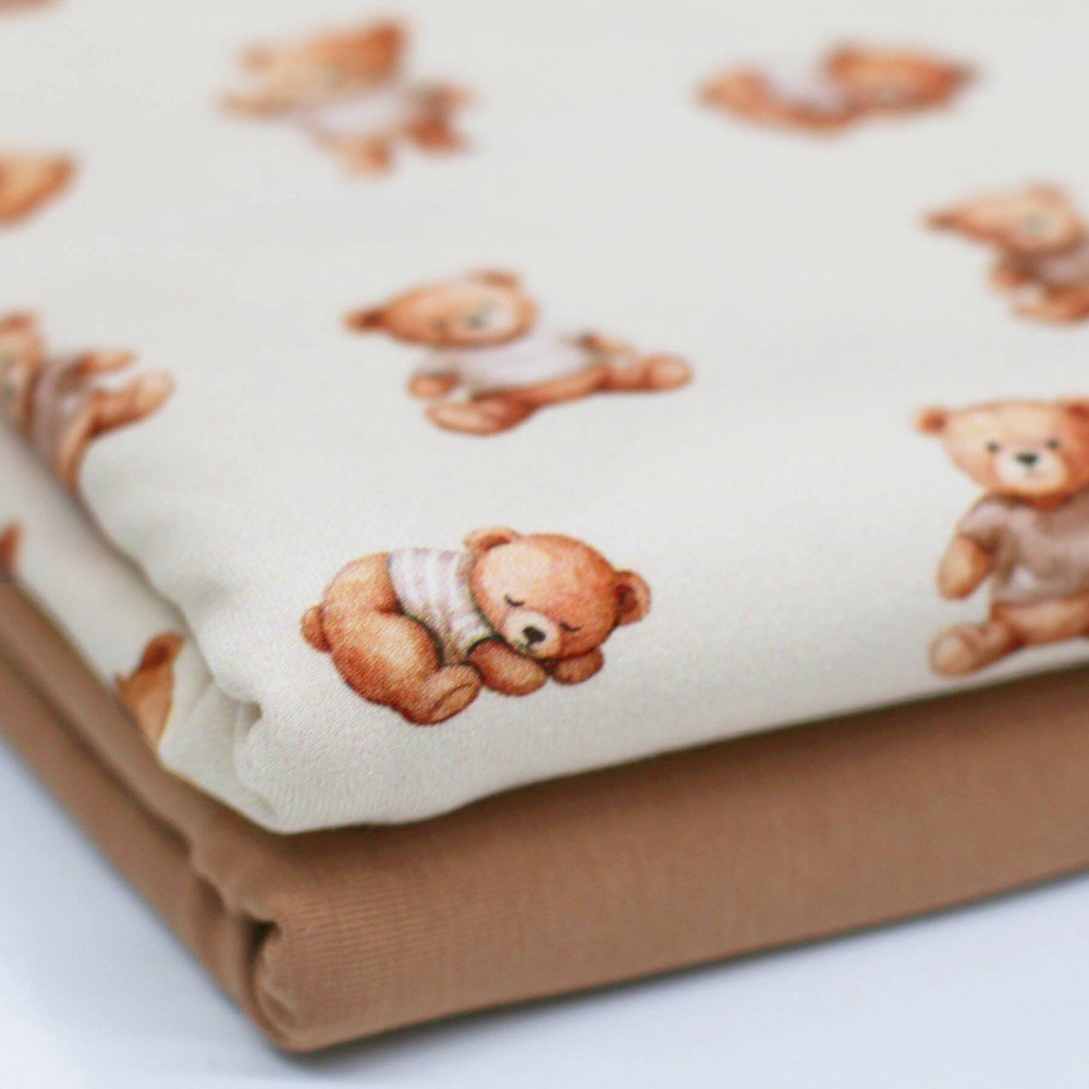 Bomuldjersey Digital Print - Sovende Teddybjørne Beige