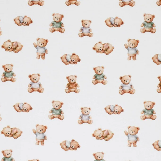 Dzianina Bawełniana Druk Cyfrowy - Śpiący Miś Ecru Dzianina Jersey Bawełna Druk Cyfrowy