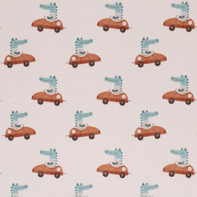 Rib Jersey Strikstof - Krokodille i Bil Rib Jersey Strikstof - Krokodille i Bil - (Jerseystoffer)