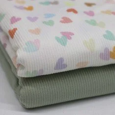Tissu Maille Tricot Côtelé - Cœurs Multicolores Écru