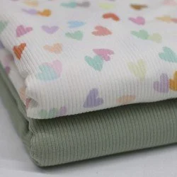 Rib Jersey Stof - Veelkleurige Hartjes Ecru Rib Jersey Stof - Veelkleurige Hartjes Ecru