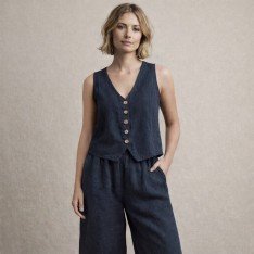 Stonewashed Linnen Stof (Slubtextuur) Marine