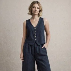 Tissu Lin Stonewashed (Texture Slub) Marine