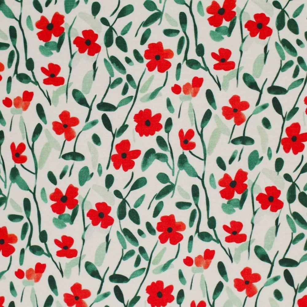Digitale Print Bamboe Jersey - Abstracte Klaproos Groen Rood Digitale Print Bamboe Jersey - Abstracte Klaproos Groen Rood