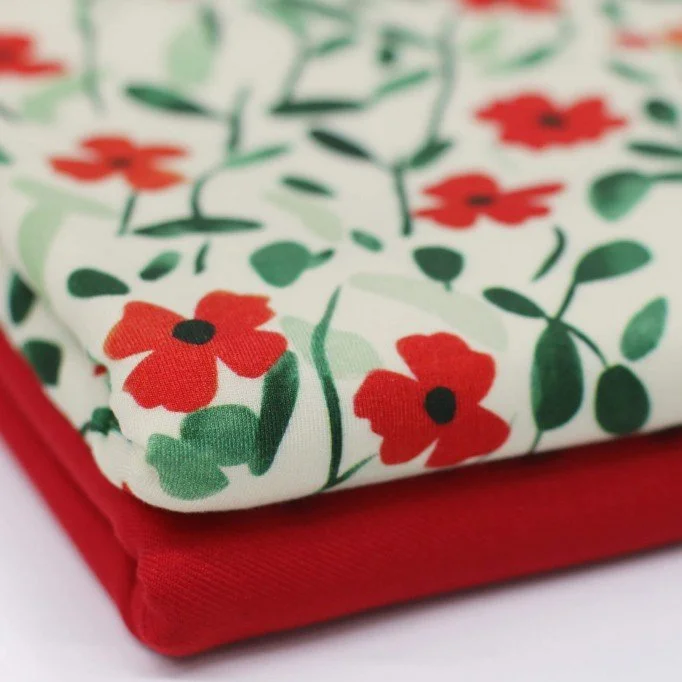 Bambus Jerseystoff Digital Muster - Abstrakter Mohn Grün Rot Bambus Jerseystoff Digital Muster - Abstrakter Mohn Grün Rot - (Jerseystoff Gemustert)