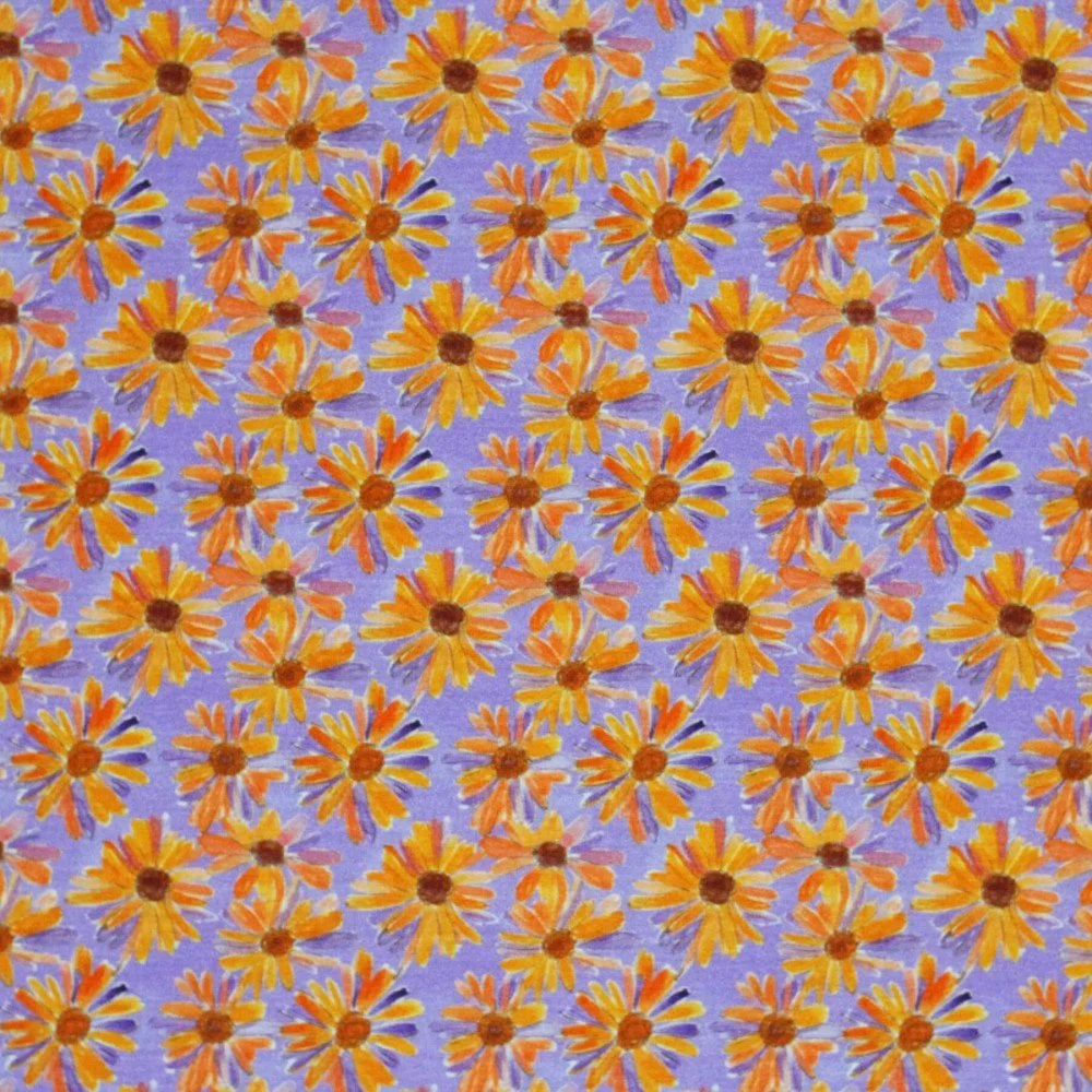 Digitale Print Bamboe Jersey - Madeliefje Bloem Lila Oranje Digitale Print Bamboe Jersey - Madeliefje Bloem Lila Oranje