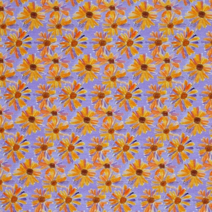 Digitale Print Bamboe Jersey - Madeliefje Bloem Lila Oranje Digitale Print Bamboe Jersey - Madeliefje Bloem Lila Oranje - (Tricot Jersey Bedrukt)