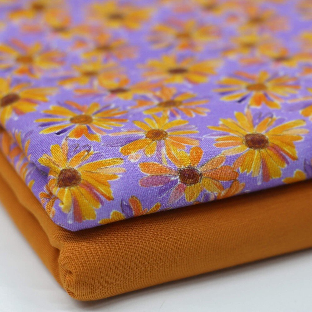 Bambusjersey Digital Mønstre - Margueritblomst Lilla Orange