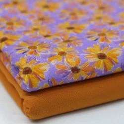 Digitale Print Bamboe Jersey - Madeliefje Bloem Lila Oranje