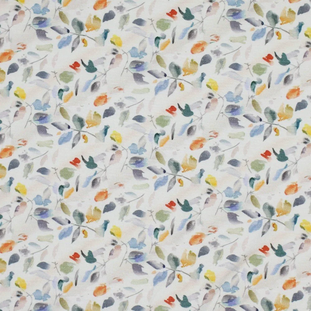 Digitale Print Bamboe Jersey - Kleurrijke Bladeren Crème Digitale Print Bamboe Jersey - Kleurrijke Bladeren Crème