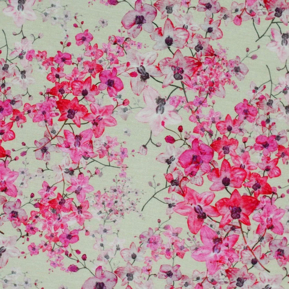 Digitale Print Bamboe Jersey - Pruimenbloesem Beige Fuchsia Digitale Print Bamboe Jersey - Pruimenbloesem Beige Fuchsia