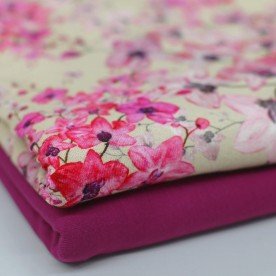 Bambus Jerseystoff Digital Muster - Pflaumenblüte Beige Fuchsia
