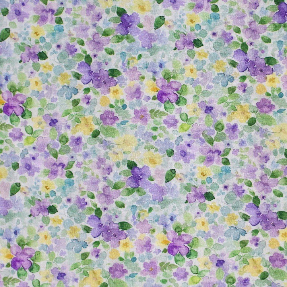 Bambusjersey Digital Mønstre - Forårsblomst Lilla Gul Bambusjersey Digital Mønstre - Forårsblomst Lilla Gul