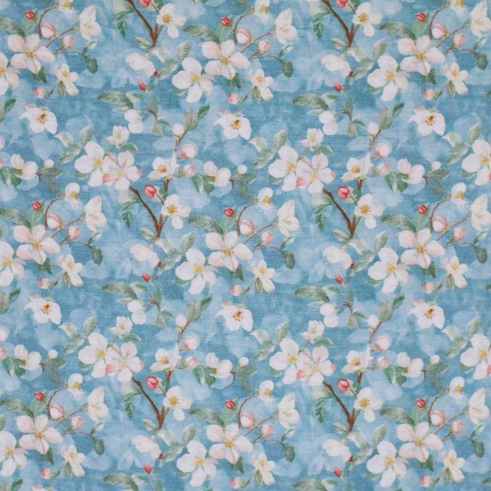 Bambusjersey Digital Mønstre - Hvide Blomster På Blå Bambusjersey Digital Mønstre - Hvide Blomster På Blå