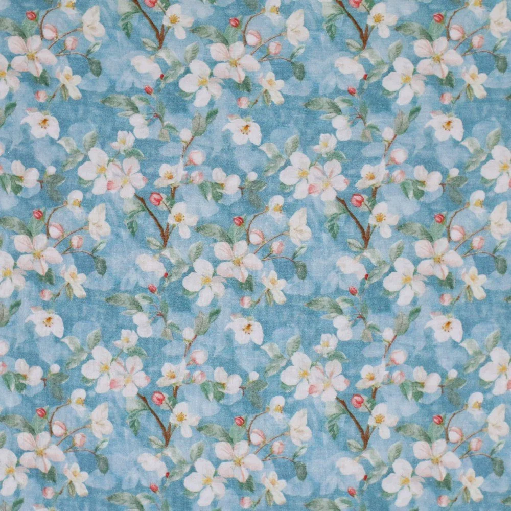 Digitale Print Bamboe Jersey - Witte Bloemen Op Blauw Digitale Print Bamboe Jersey - Witte Bloemen Op Blauw