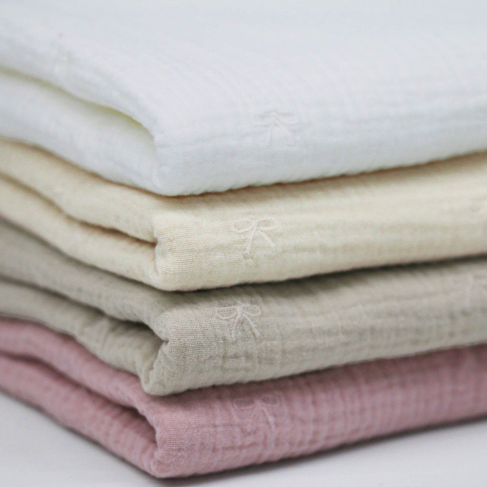 Musselin Stof Broderet - Sløjfe Lys Beige