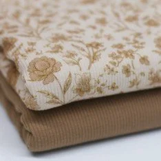 Tissu Maille Tricot Côtelé - Beige Fleur Vintage