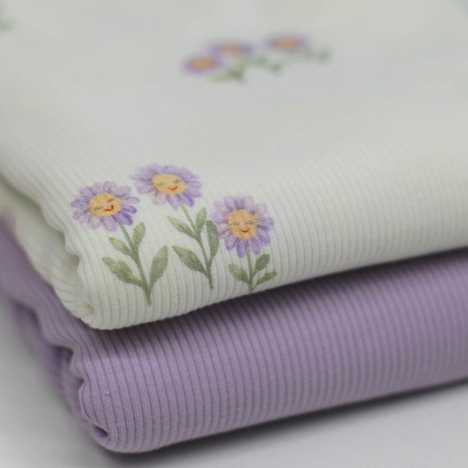 Rib Jersey Stof - Pastel Lila Zonnebloemen - (Jersey Stoffen)