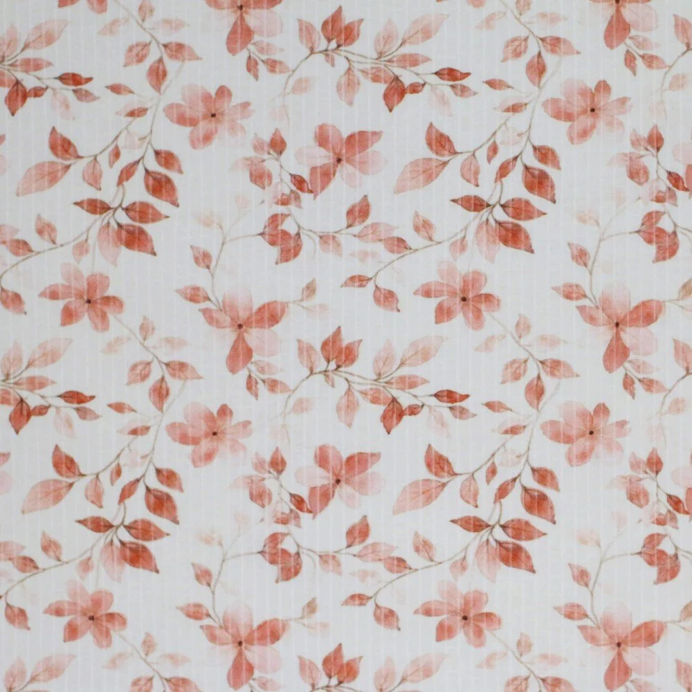 Brede Rib Jersey Stof - Bladeren Zomer Roze