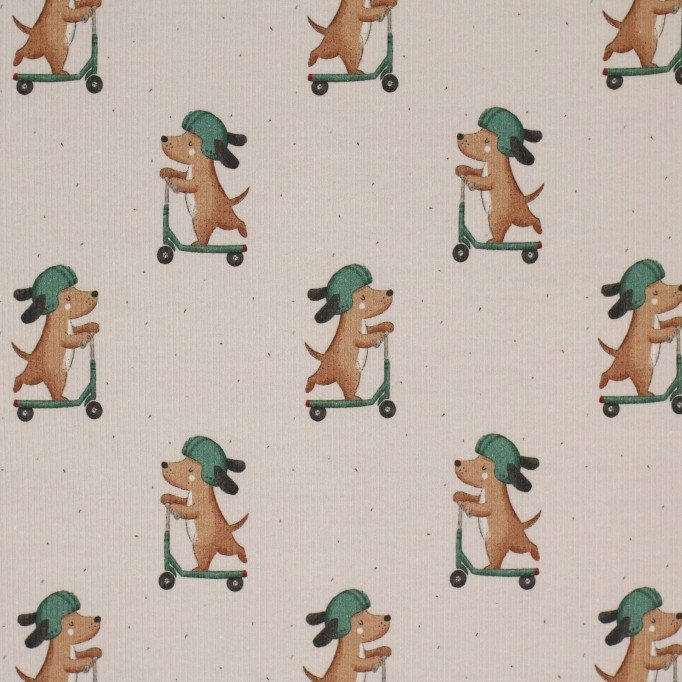 Rib Knit Jersey Fabric - Dog On Stunt Scooter - (Jersey Fabrics)