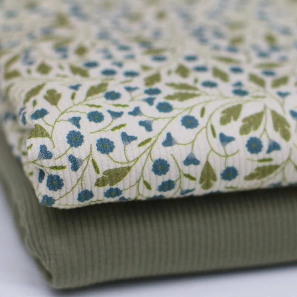 Rib Jersey Stof - Jeans Blauw Bloemplant
