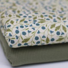 Rib Knit Jersey Fabric - Jeans Blue Flower Plant