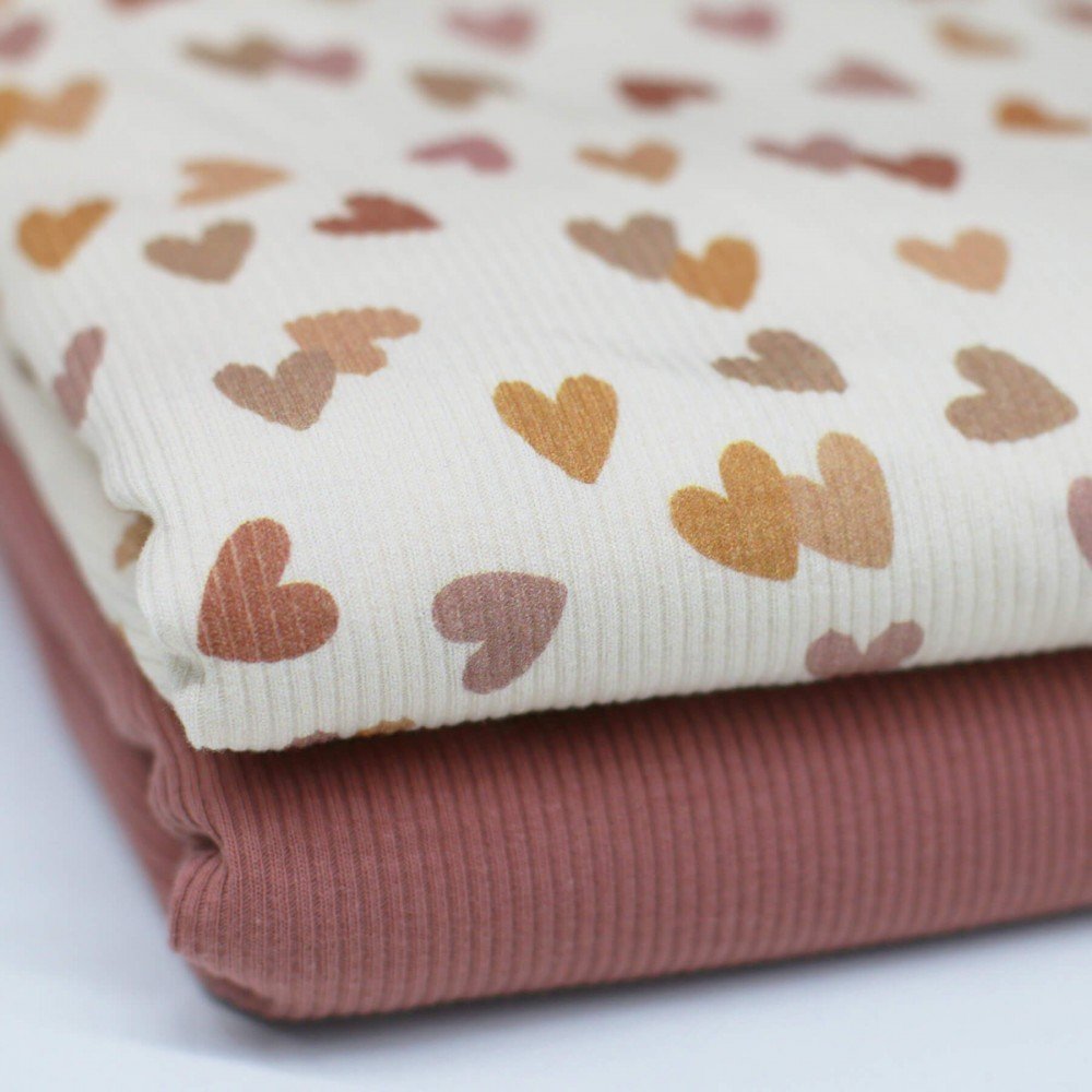 Rib Jersey Strikstof - Flerfarvede Hjerter Beige
