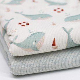 Rib Knit Jersey Fabric - Sea Green Whale