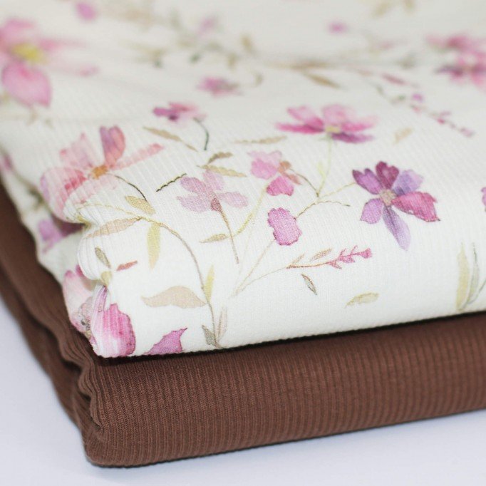 Tissu Maille Tricot Côtelé - Douce Fleur Rose - (Tissus Jersey)