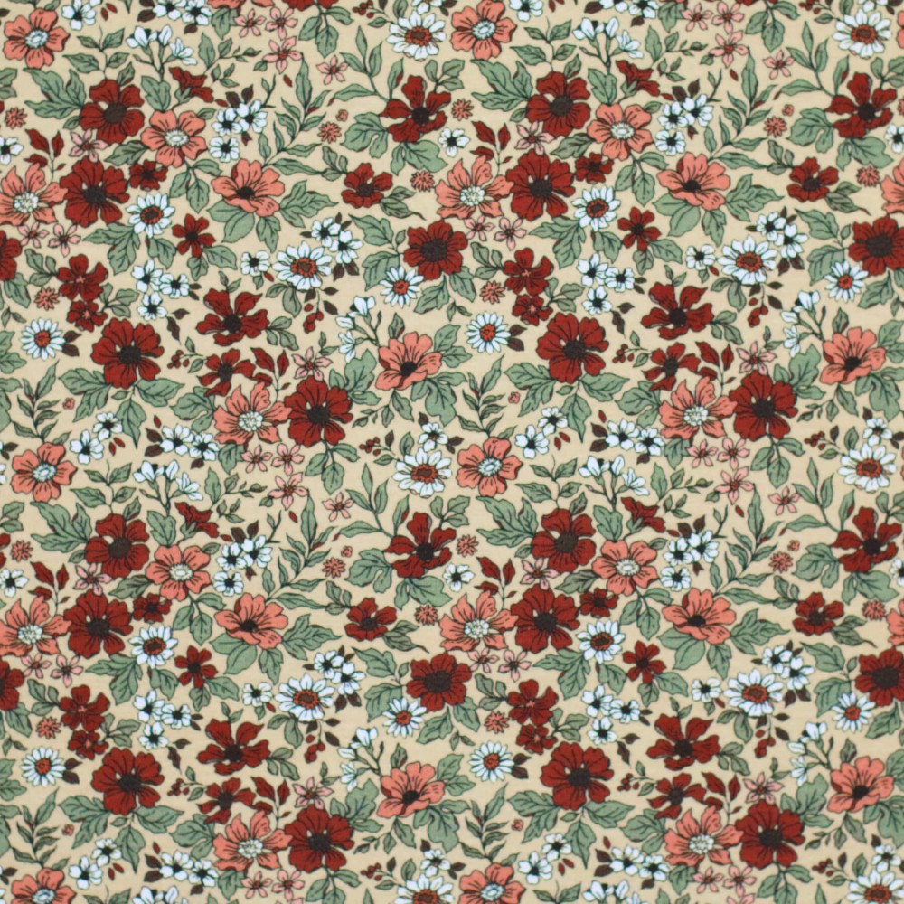 Bomuldjersey Digital Print - Vintage Blomster Brun