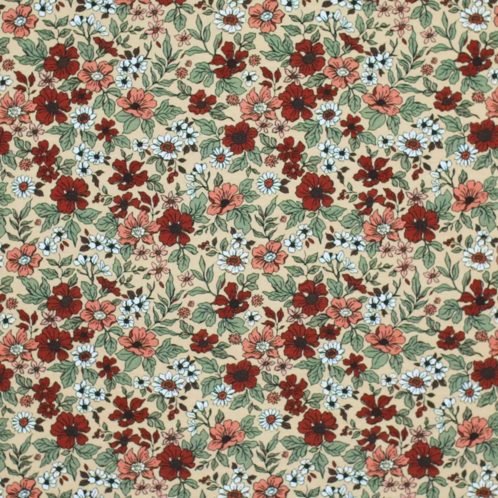 Jersey Katoen Digitale Print - Vintage Bloemen Rood Beige