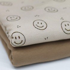 Rib Jersey Stof Bedrukt - Smiley Donker Beige Rib Jersey Stof Bedrukt - Smiley Donker Beige