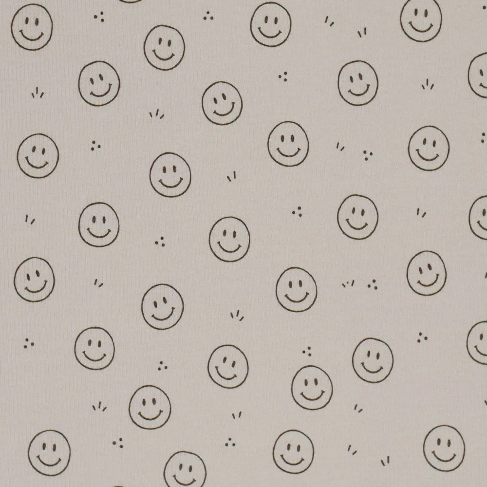 Rib Jersey Stof Bedrukt Smiley Donker Beige