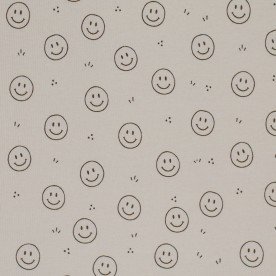Rib Jersey Stof Bedrukt - Smiley Donker Beige Rib Jersey Stof Bedrukt - Smiley Donker Beige