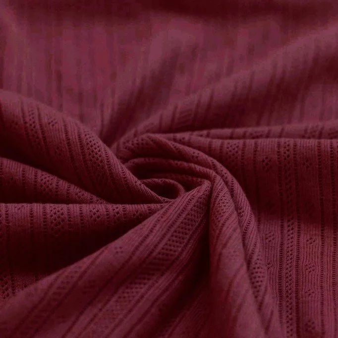 Dzianina Jersey Pointelle w Paski, Kolor Bordo, 100% Bawełna Dzianina Jersey Pointelle (Paski) Bordo Tkaniny Dżersejowe