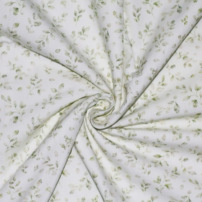 Popeline di Cotone Stampa Digitale - Foglioline Verde Salvia Popeline Di Cotone Stampa Digitale - Fogliame Verde Polveroso - (Tessuto Di Cotone Stampato)