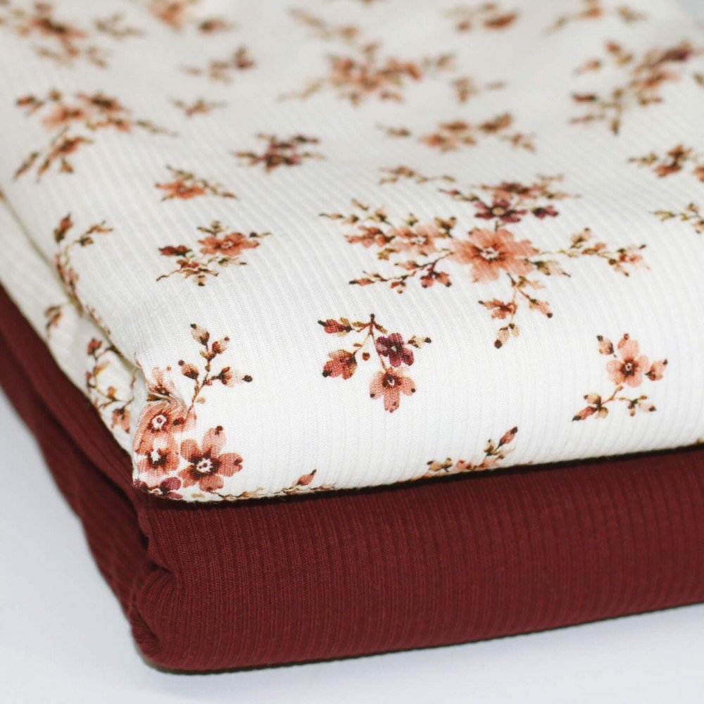 Rib Jersey Strikstof - Klassisk Blomst Brun Bordeaux