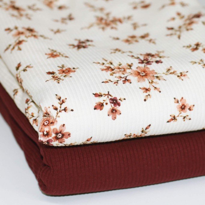 Rib Knit Jersey Fabric - Classic Flower Brown Bordeaux Rib Knit Jersey Fabric - Classic Flower Brown Bordeaux - (Jersey Fabrics)